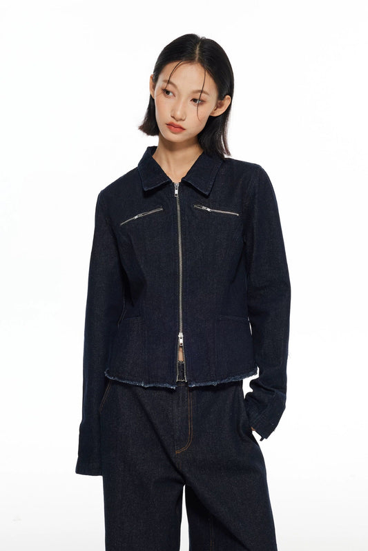 Kurz geschnittene Denim-Jacke mit Zipper & ausgefransten Kanten - Lonissa