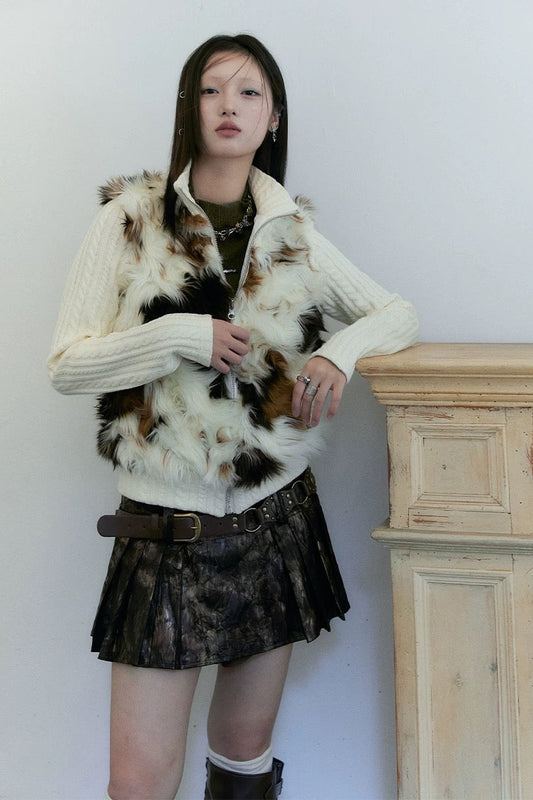 Cow-Print Kunstpelzjacke mit Strickärmeln - Lonissa