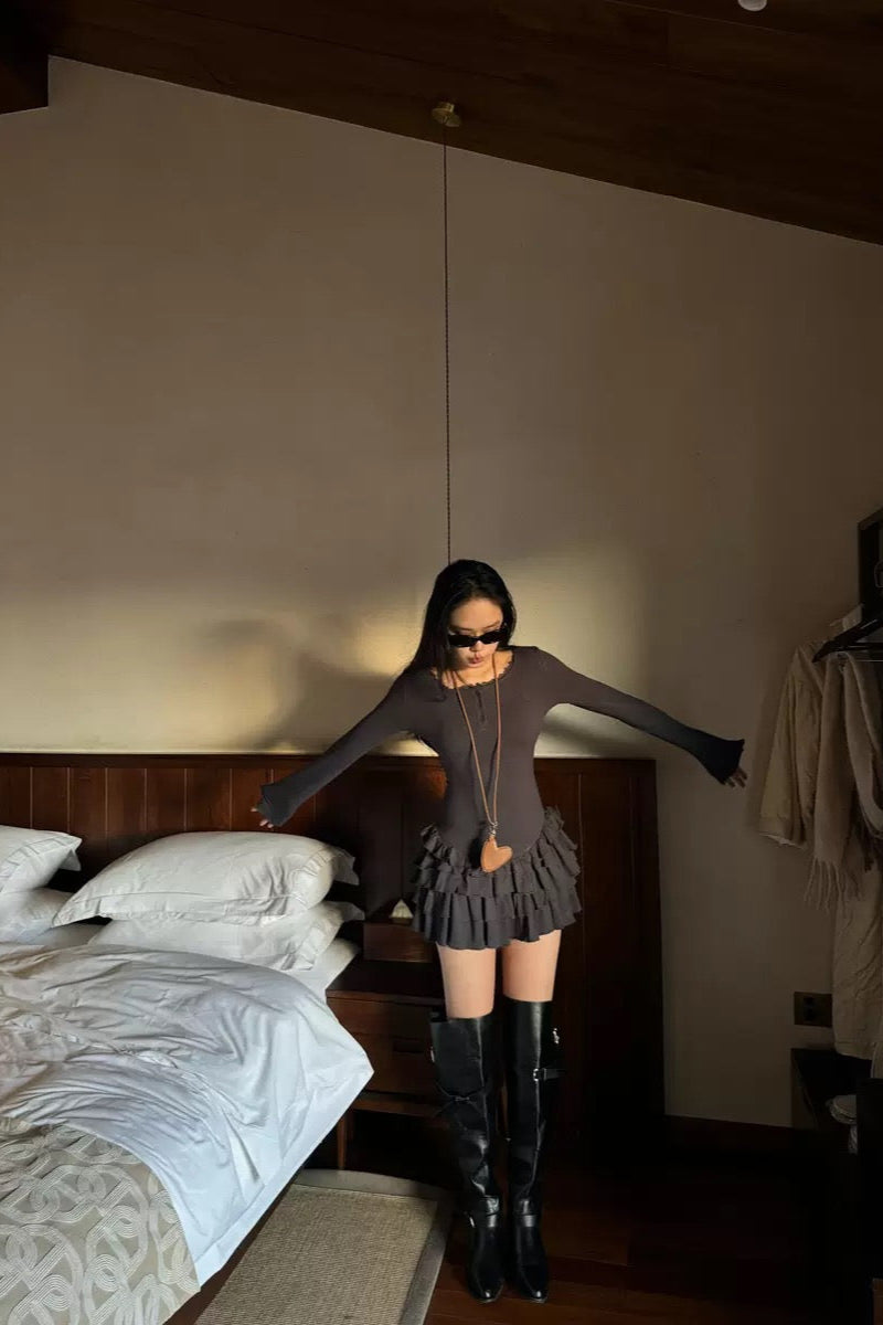 Langarm Kleid mit Spitze und Rüschenrock - Lonissa