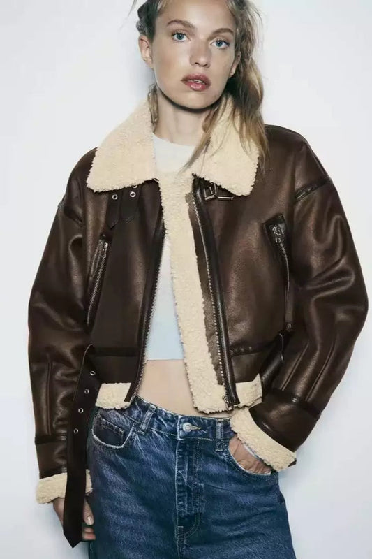 Kunstleder-Pilotenjacke mit kuscheliger Woll-Optik-Fütterung - Lonissa